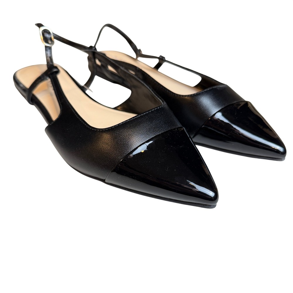 Nine West Women Cap Toe Patent Slingback Flats 7M Black Pointed Toe Classic Chic - Picture 2 of 7